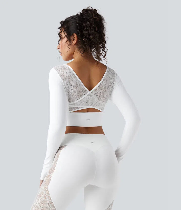 SoftlyZero Push-Up Long Sleeve Thumb Hole Contrast Lace Cropped Yoga Sports Top