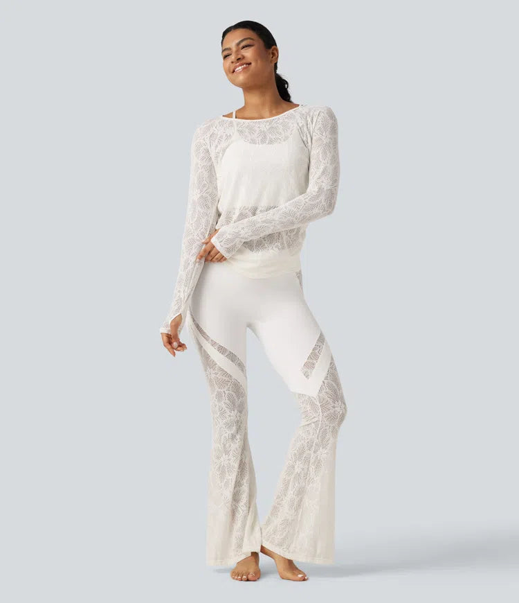 Cut Out Long Sleeve Thumb Hole Ruched Lace Yoga Sports Top