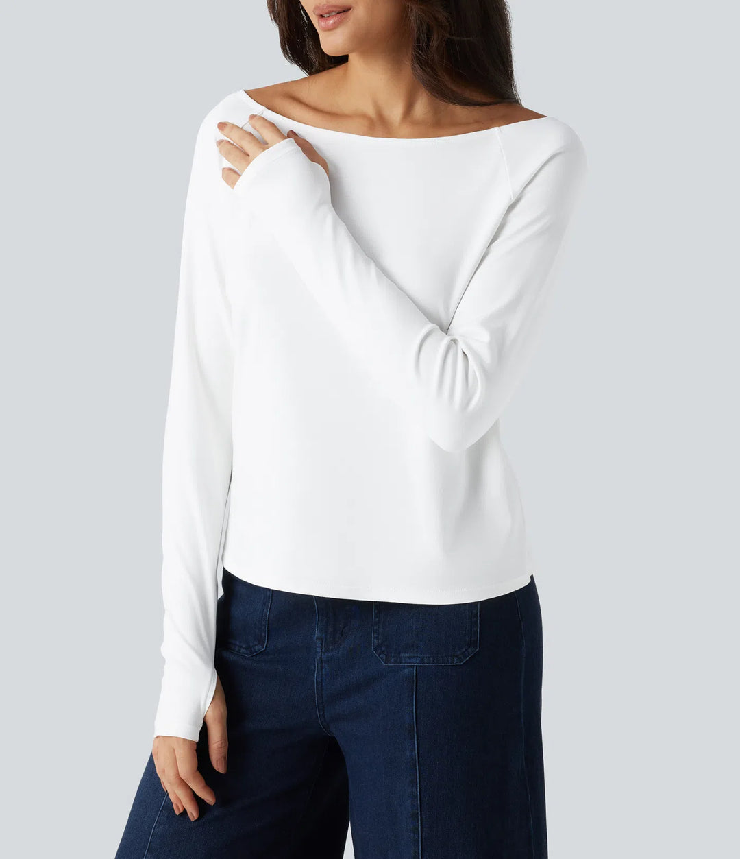 Boat Neck Long Sleeve Thumb Hole Casual Pima Cotton T-Shirt