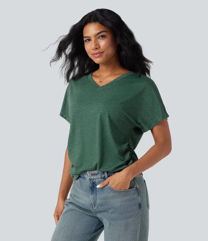 V-neck Short Sleeve Ruched Relaxed Casual Top