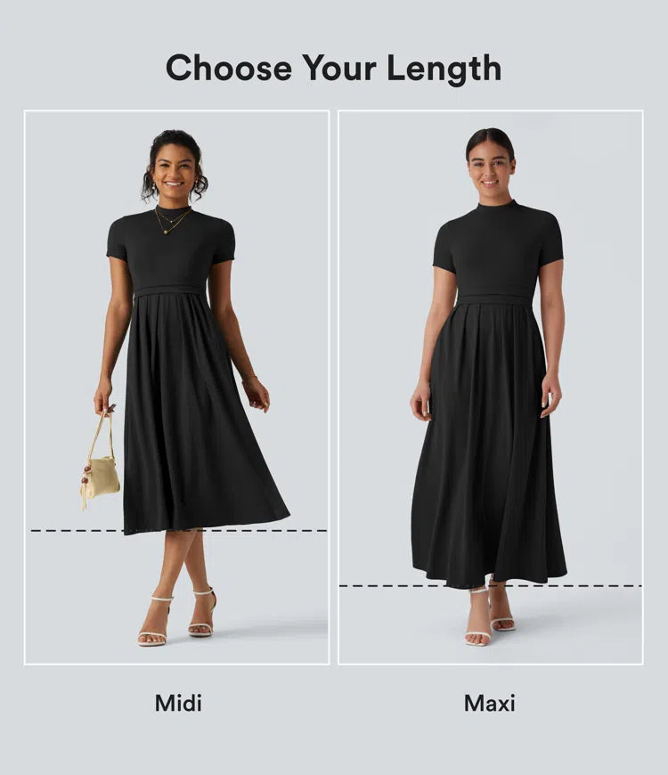 Stand Collar Short Sleeve Pocket Flare Maxi Casual Dress
