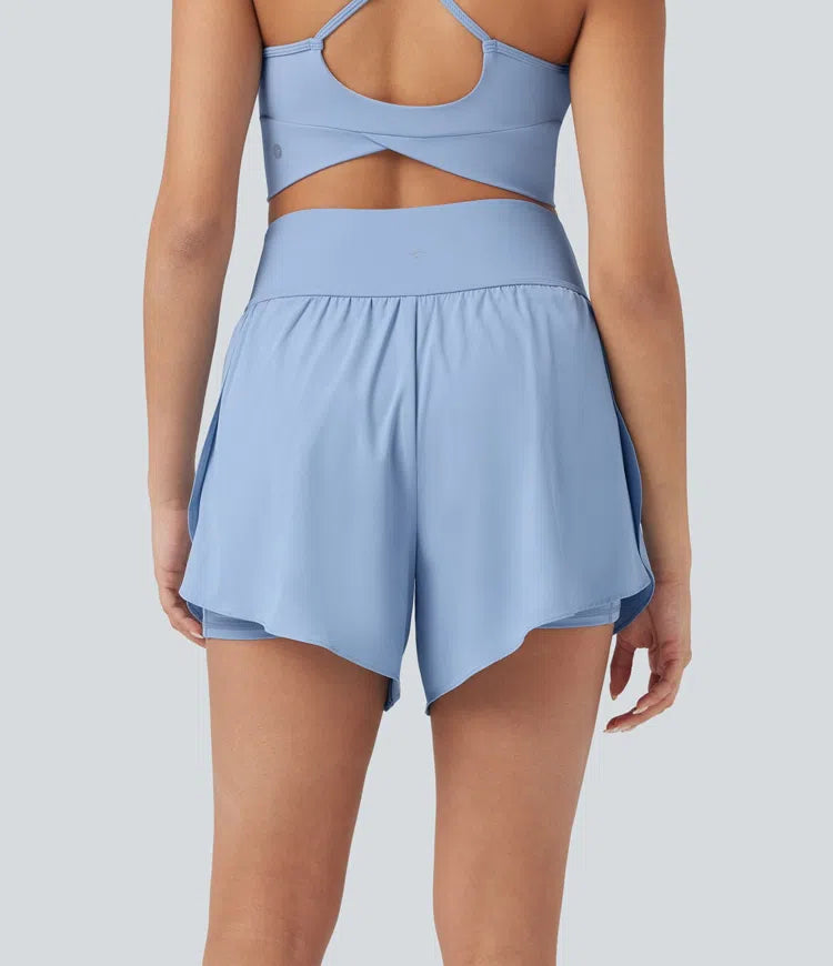 SoftlyZero QuickDry High Waisted Tummy Control Reflective Dots Crossover Hem 2-in-1 Running Shorts 5&