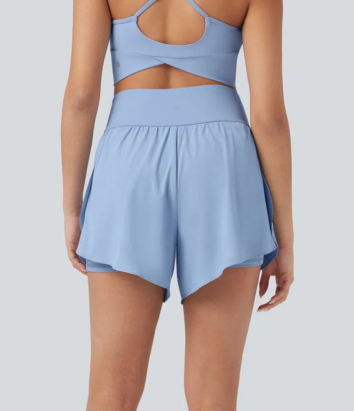 SoftlyZero QuickDry High Waisted Tummy Control Reflective Dots Crossover Hem 2-in-1 Running Shorts 5&