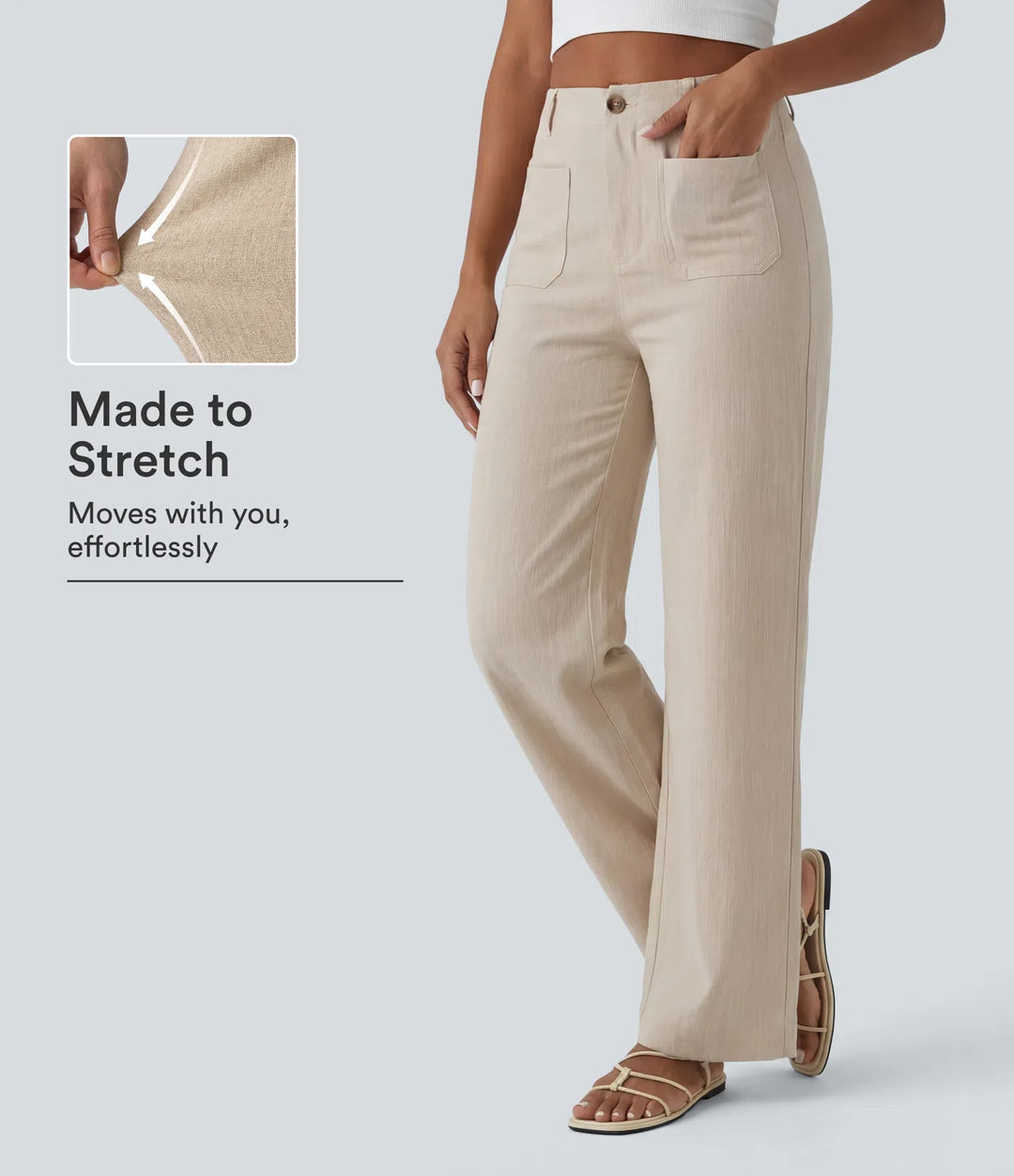 High Waisted Straight Leg Casual Linen-Feel Pants with Pockets