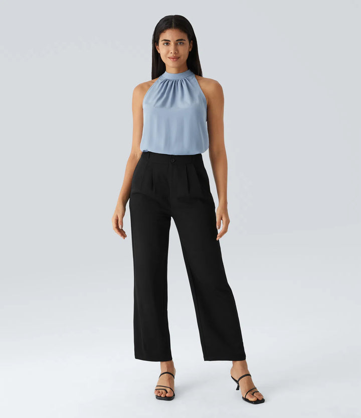 Keyhole Back Halter Sleeveless Curved Hem Work Blouse