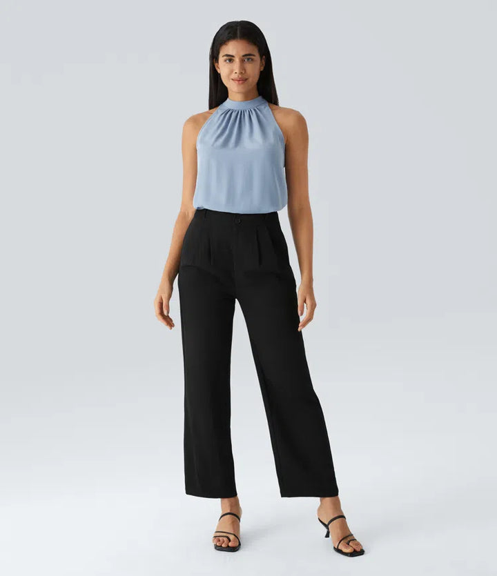 Keyhole Back Halter Sleeveless Curved Hem Work Blouse
