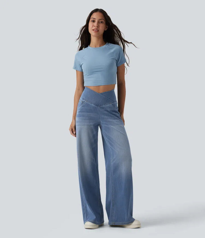 Halara Flex Crossover High Waisted Tummy Control Wide Leg Casual Jeans with Pockets
