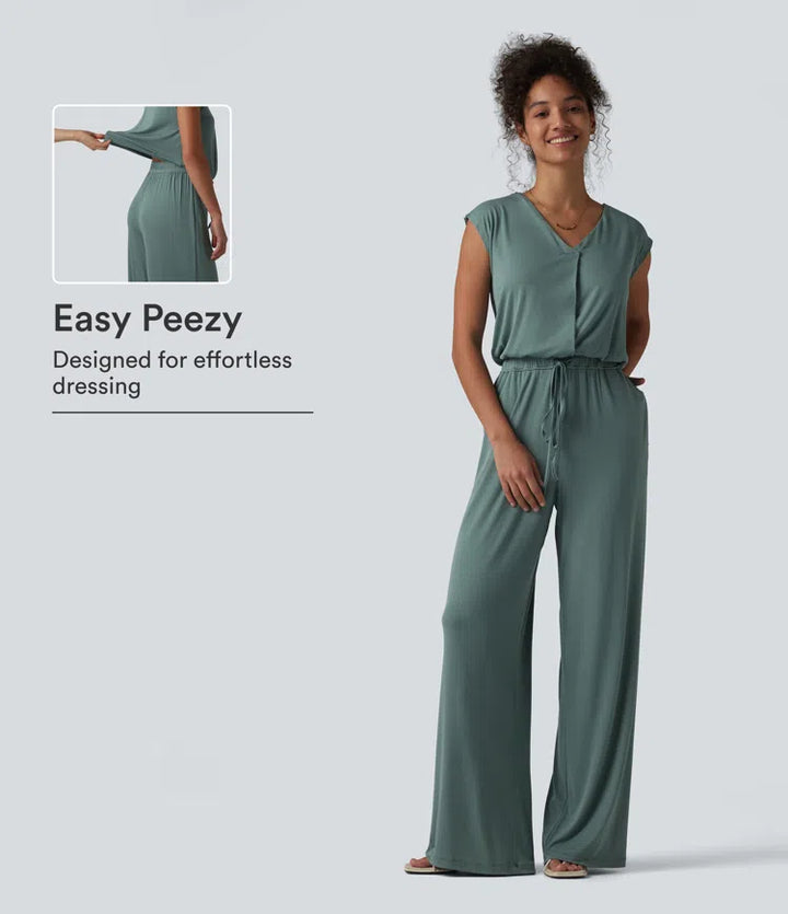 V-neck Sleeveless Drawstring Casual Jumpsuit with Pockets-Easy Peezy