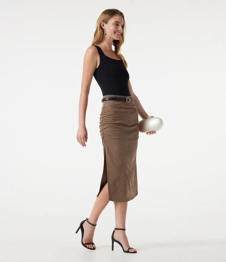 High Waisted Tummy Control Ruched Bodycon 2-in-1 Suede Midi Skirt