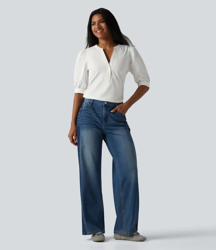 Henley Neck Puff Half Sleeve Casual Blouse