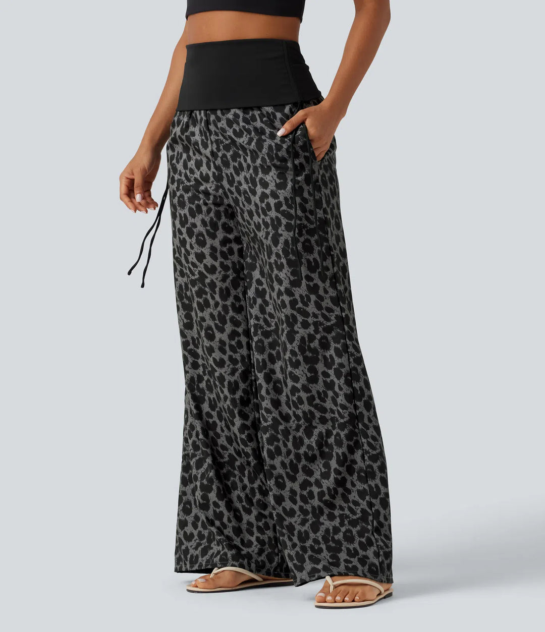 Foldover High Waisted Ruched Drawstring Baggy Leopard Print Casual Pants with Pockets