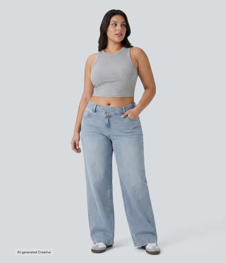 Plus Size Halara Flex Asymmetric Low Rise Wide Leg Washed Casual Jeans with Pockets
