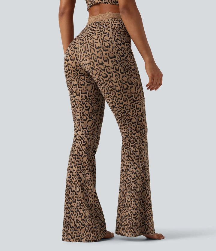 Halara UltraSculpt Leopard Print V-Shaped High Waisted Contrast Lace Yoga Flare Leggings with Pockets