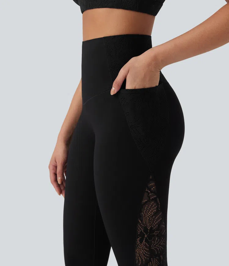 Halara UltraSculpt High Waisted Tummy Control Contrast Lace Shaping Training Leggings with Pockets
