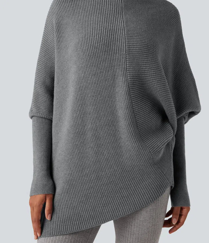 High Neck Batwing Long Sleeve Asymmetric Hem Work Sweater