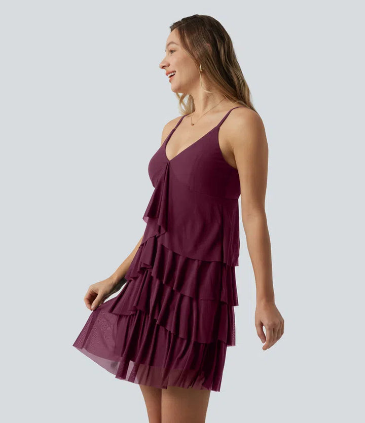 Crisscross Backless Mesh Overlay Built-in Bra Mini Casual Tiered Slip Dress with Pockets