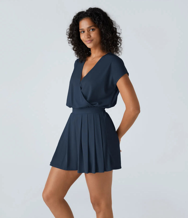 V Neck Short Sleeve Pocket Waffle Casual Romper