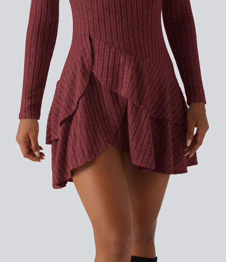 Ribbed Knit Round Neck Long Sleeve Layered Ruffle Hem Mini Casual Dress
