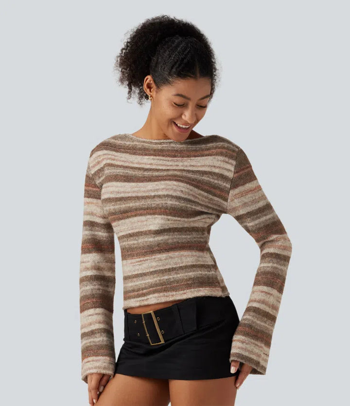 Boat Neck Bell Long Sleeve Gradient Stripe Oversized Casual Sweater