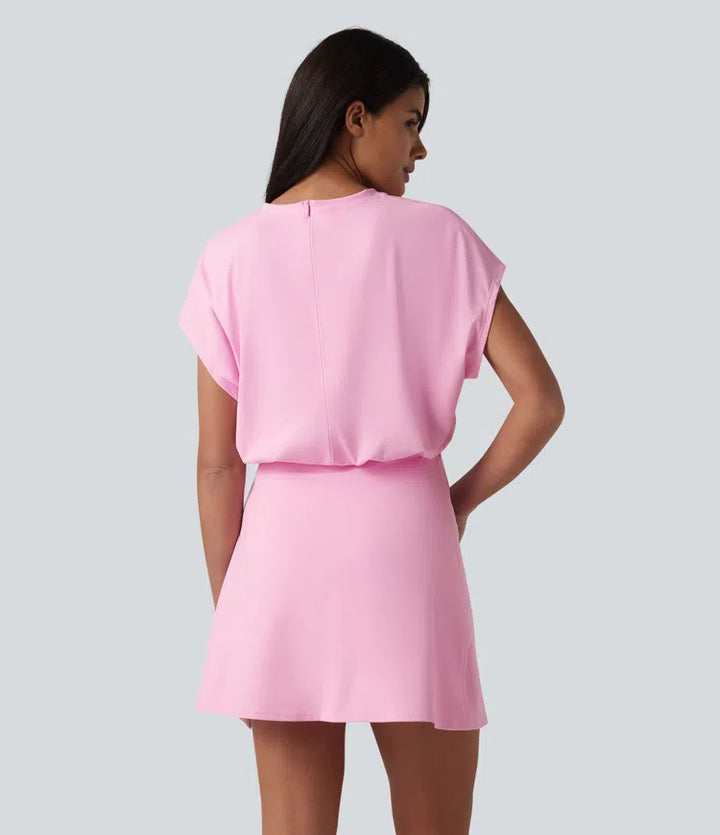 SoftlyZero Airy Round Neck Short Sleeve 2-in-1 InstantCool Mini Yoga Active Dress with Pockets-Easy Peezy Edition