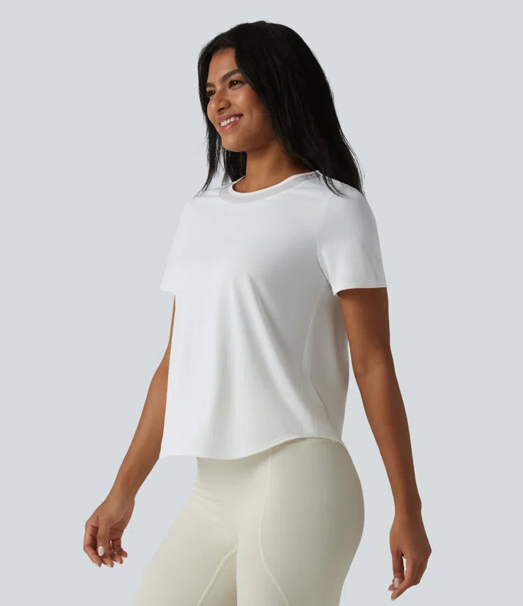 Round Neck Short Sleeve Contrast Mesh Curved Hem Running Sports Top