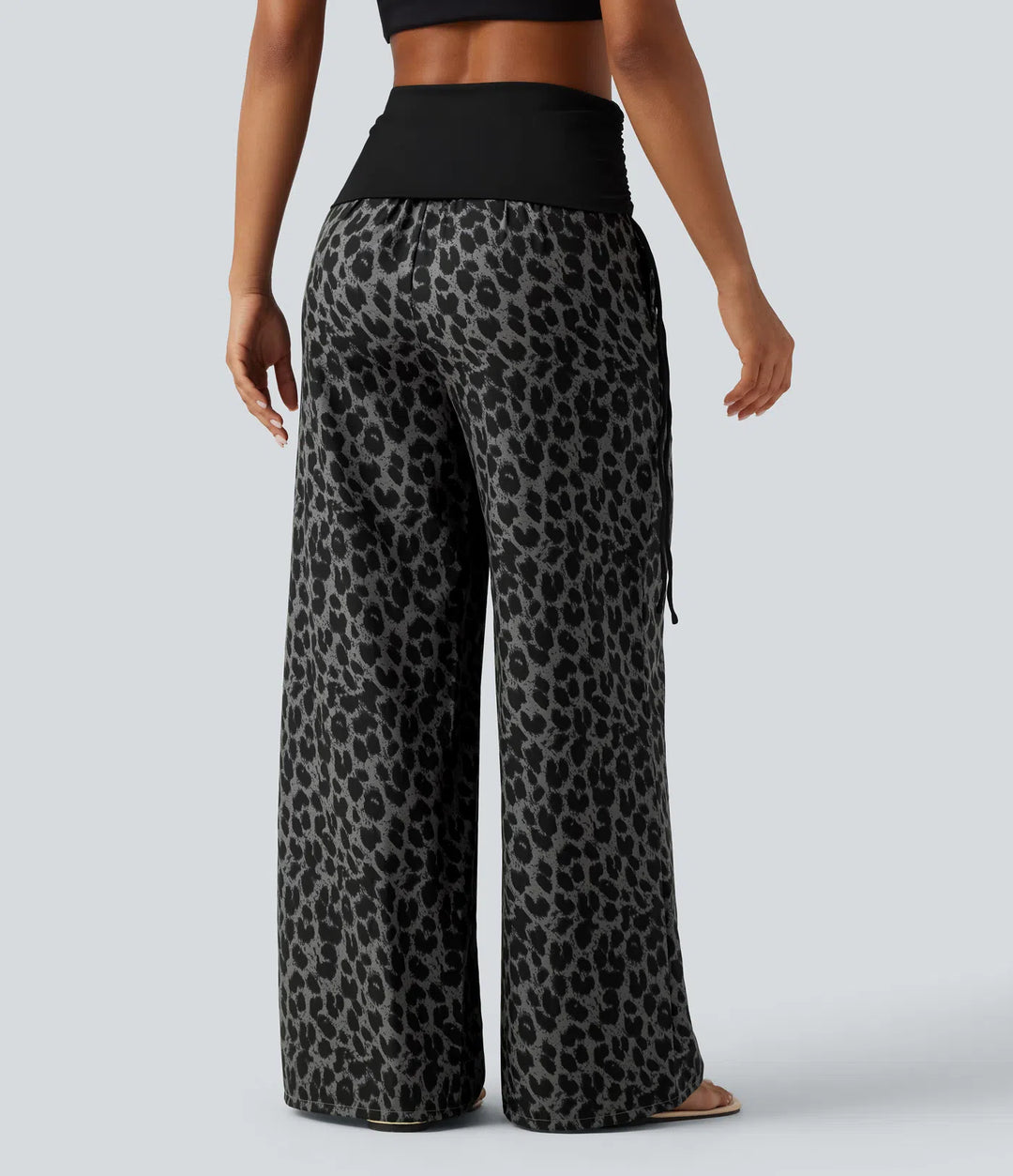 Foldover High Waisted Ruched Drawstring Baggy Leopard Print Casual Pants with Pockets