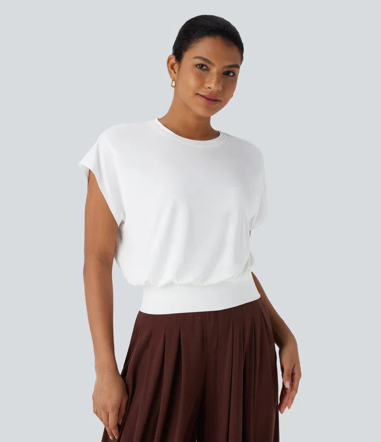 Round Neck Short Batwing Sleeve Work T-Shirt