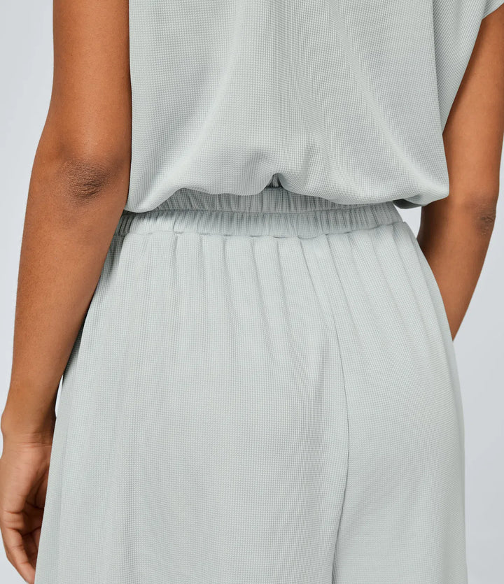 V Neck Short Sleeve Side Pocket Wide Leg Flowy Waffle Casual Jumpsuit