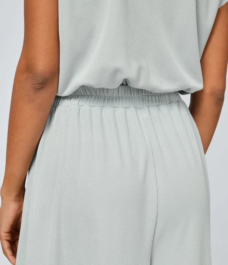 V Neck Short Sleeve Side Pocket Wide Leg Flowy Waffle Casual Jumpsuit
