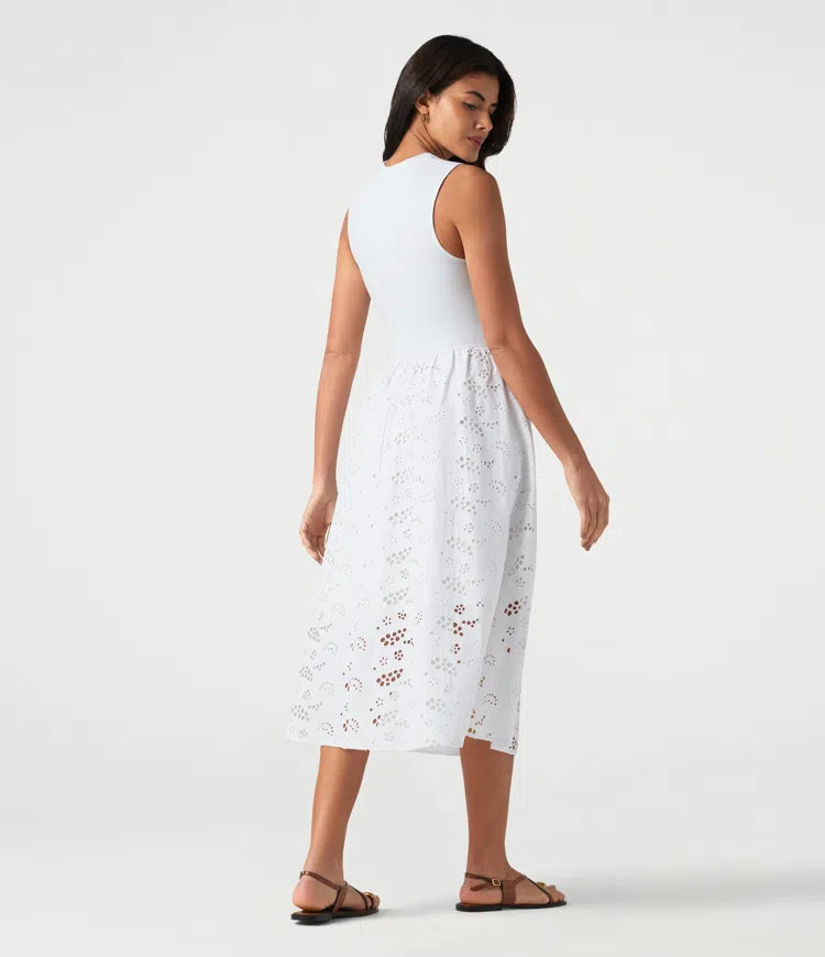 Round Neck Sleeveless Midi Embroidery Eyelet Resort Dress with Pockets