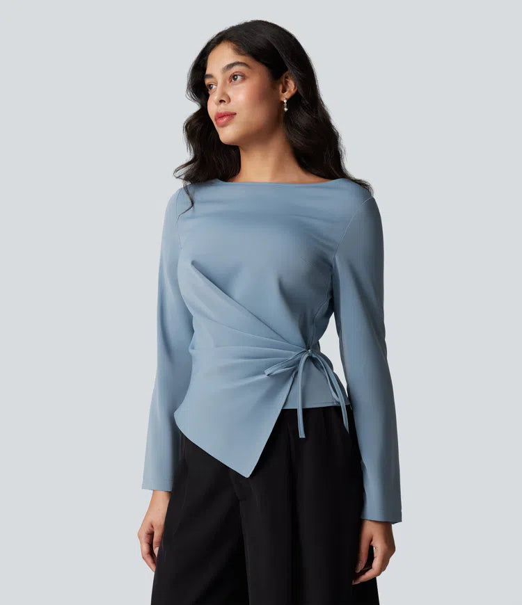 Wrinkle Recovery Boat Neck Long Sleeve Ruched Tie Work Blouse