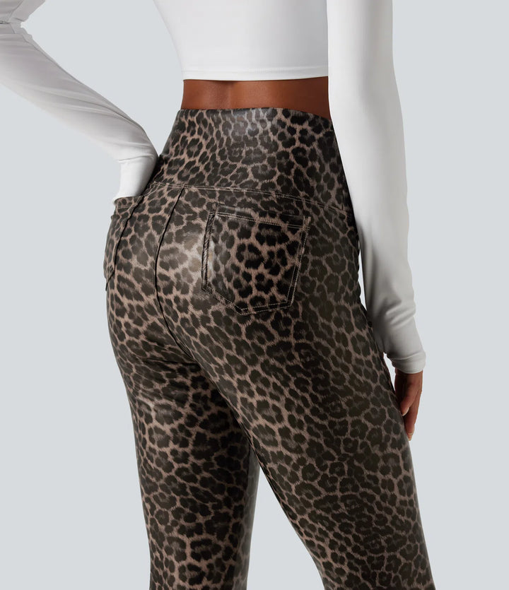 High Waisted Tummy Control Stretchy PU Leopard Print Skinny Casual Leggings with Pockets