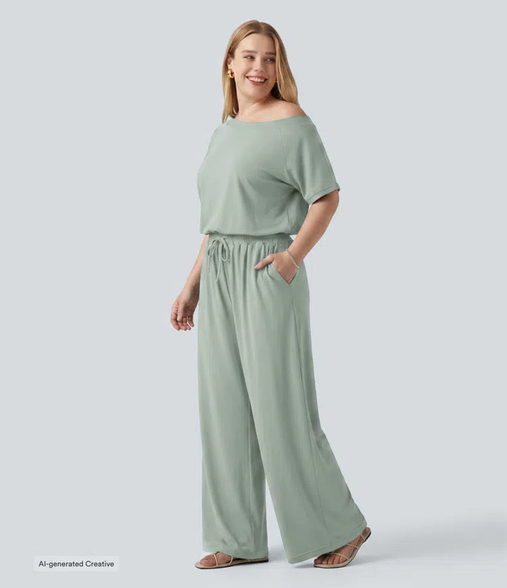 Plus Size Boat Neck Short Sleeve Drawstring Baggy Casual Jumpsuit with Pockets-Easy Peezy Edition