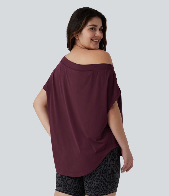 Plus Size One Shoulder Short Sleeve Curved Hem Quick Dry Yoga Sports Top with Built-in Bra