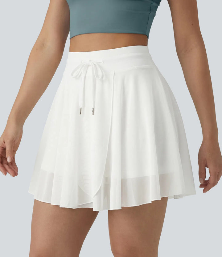 High Waisted Drawstring Contrast Mesh 2-in-1 Pocket Flowy Mini Flare Casual Skirt-Longer Length