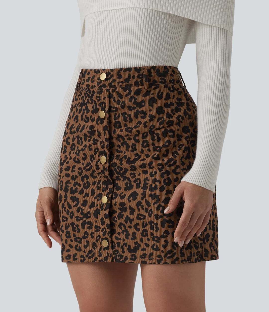 High Waisted 2-in-1 Leopard Print Mini Casual Skirt with Pocket-Longer Length