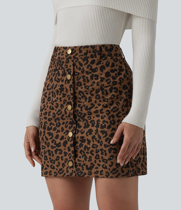 High Waisted 2-in-1 Leopard Print Mini Casual Skirt with Pocket-Longer Length