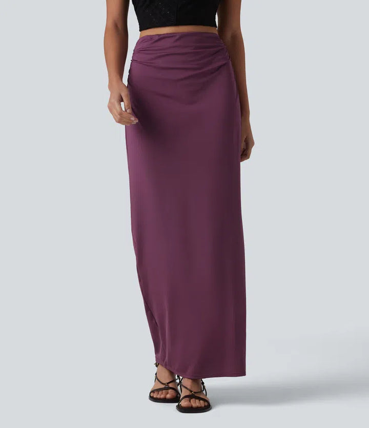 High Waisted Ruched Stretchy Satin-Like InstantCool Maxi Casual Pencil Skirt