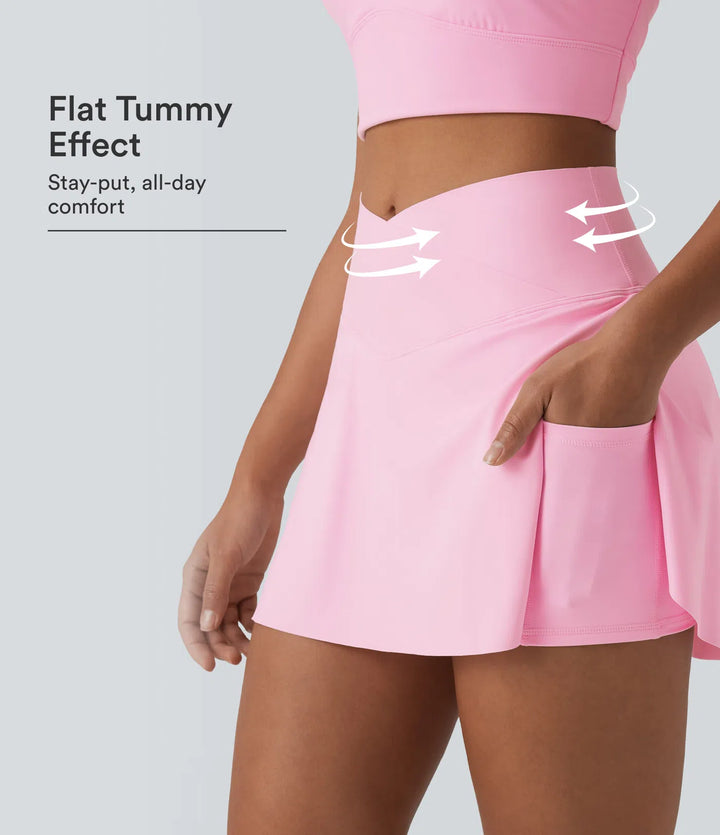 SoftlyZero Airy Crossover Tummy Control 2-in-1 InstantCool Mini Tennis Skirt with Pockets-Lucid