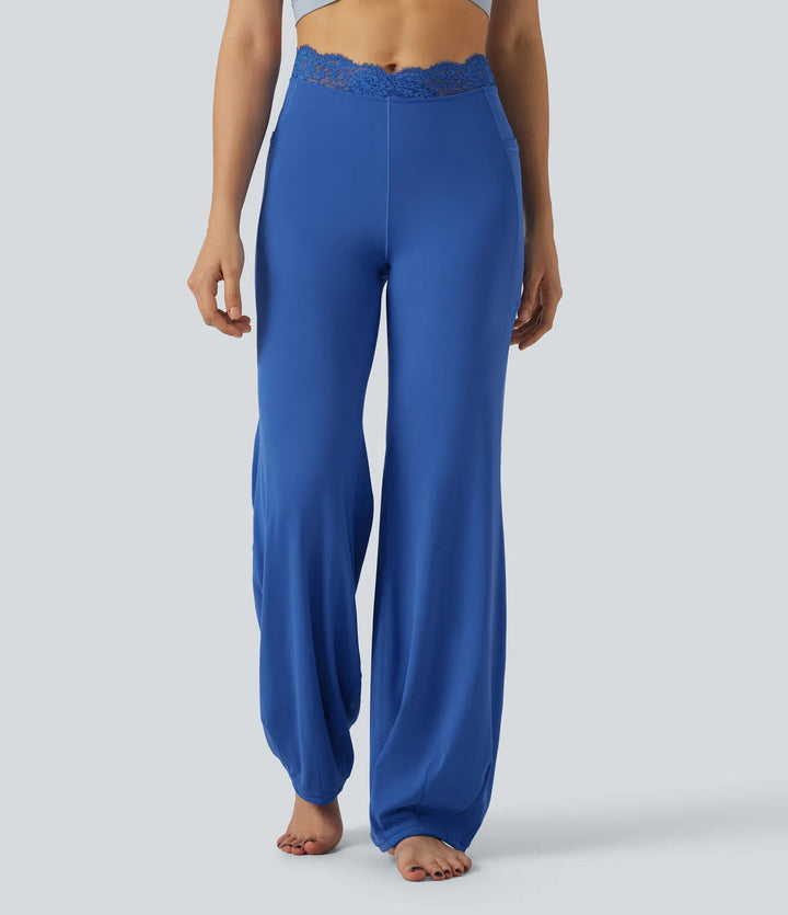 SoftlyZero High Waisted Contrast Lace Dance Balloon Pants with Pockets
