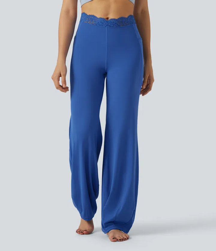 SoftlyZero High Waisted Contrast Lace Dance Balloon Pants with Pockets