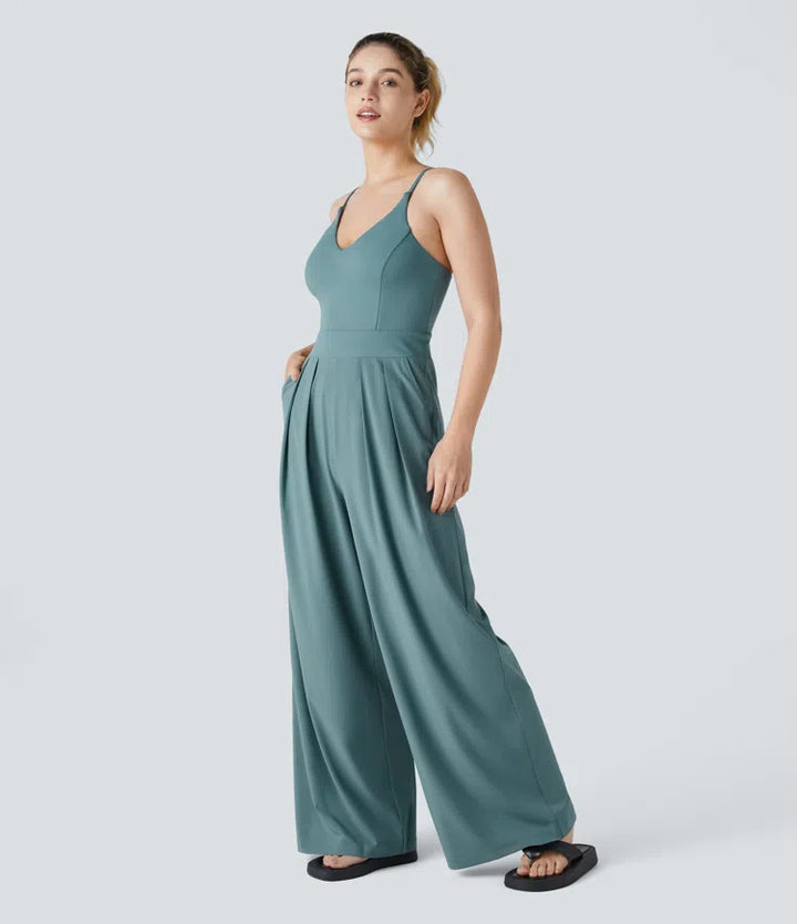 Breezeful Backless Side Invisible Zipper Pocket Wide Leg Quick Dry Resort Slip Jumpsuit