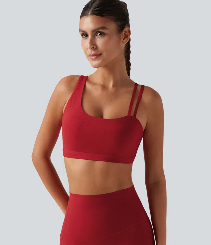 Halara UltraSculpt Ribbed Low Support Asymmetric Cut Out Built-in Bra Running Sports Bra