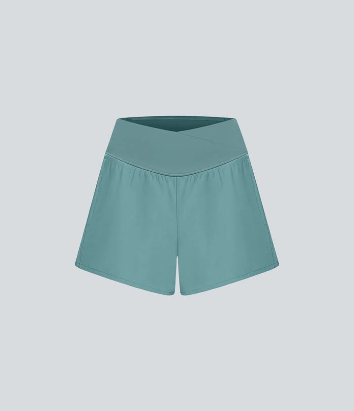 Breezeful High Waisted Crossover Pocket 2-in-1 Quick Dry Yoga Shorts 4"