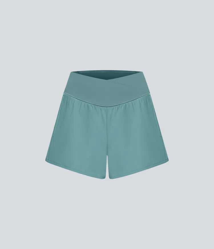 Breezeful High Waisted Crossover Pocket 2-in-1 Quick Dry Yoga Shorts 4"