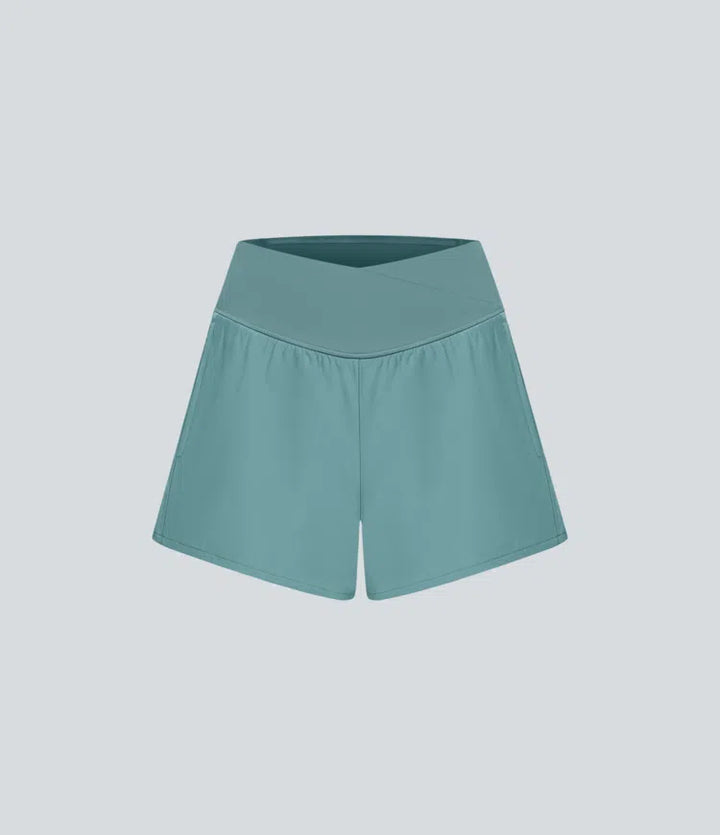Breezeful High Waisted Crossover Pocket 2-in-1 Quick Dry Yoga Shorts 4"