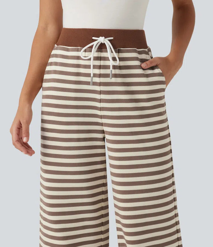Mid Rise Drawstring Stripe Wide Leg Lounging Sweatpants with Pockets
