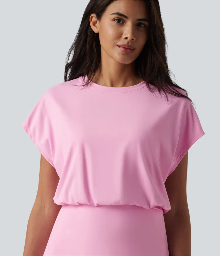 SoftlyZero Airy Round Neck Short Sleeve 2-in-1 InstantCool Mini Yoga Active Dress with Pockets-Easy Peezy Edition