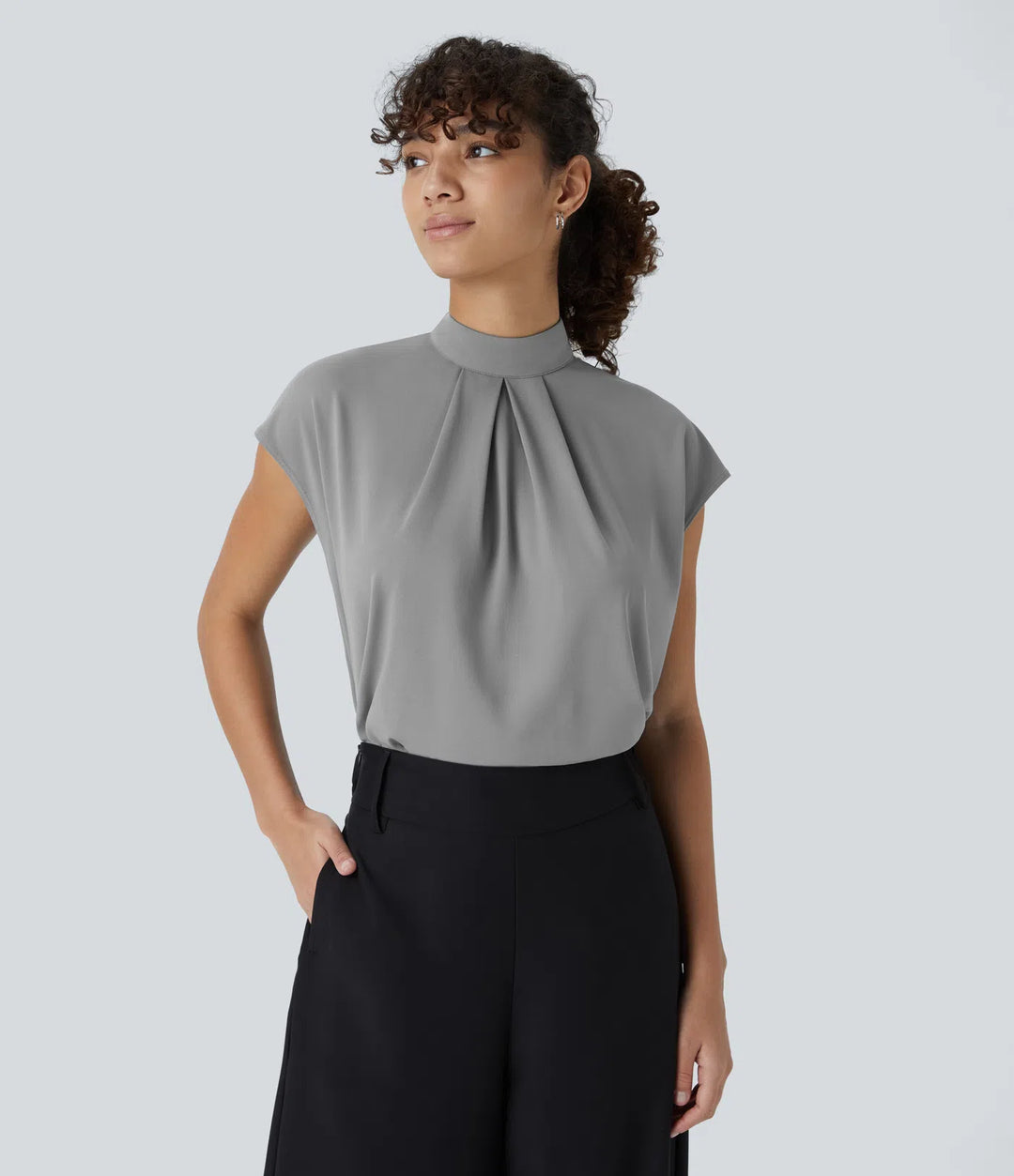 Stand Collar Back Cap Sleeve Work Blouse