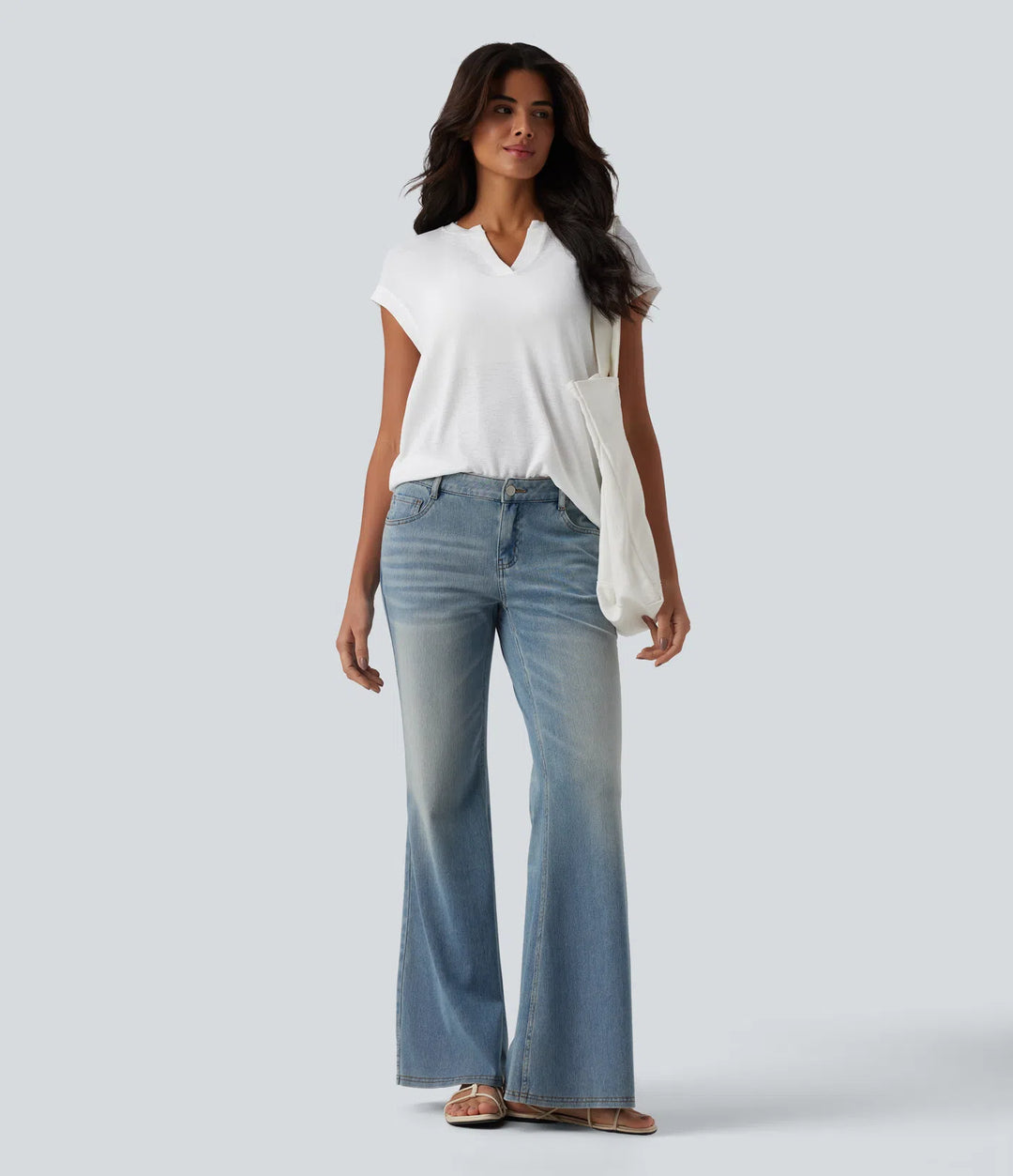 Semi Sheer Notched Short Sleeve Casual T-Shirt